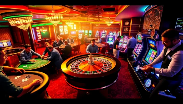 Players enjoying high-stakes games at go8.com’s vibrant casino setting with roulette, poker, and slots.