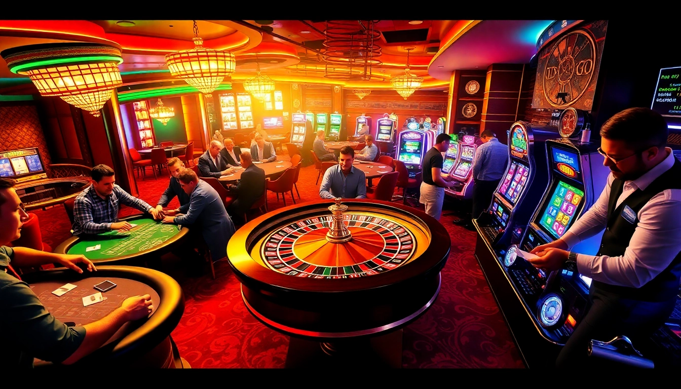 Players enjoying high-stakes games at go8.com’s vibrant casino setting with roulette, poker, and slots.