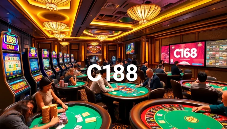 Experience C168's thrill in a glamorous casino setting with players at the poker tables.