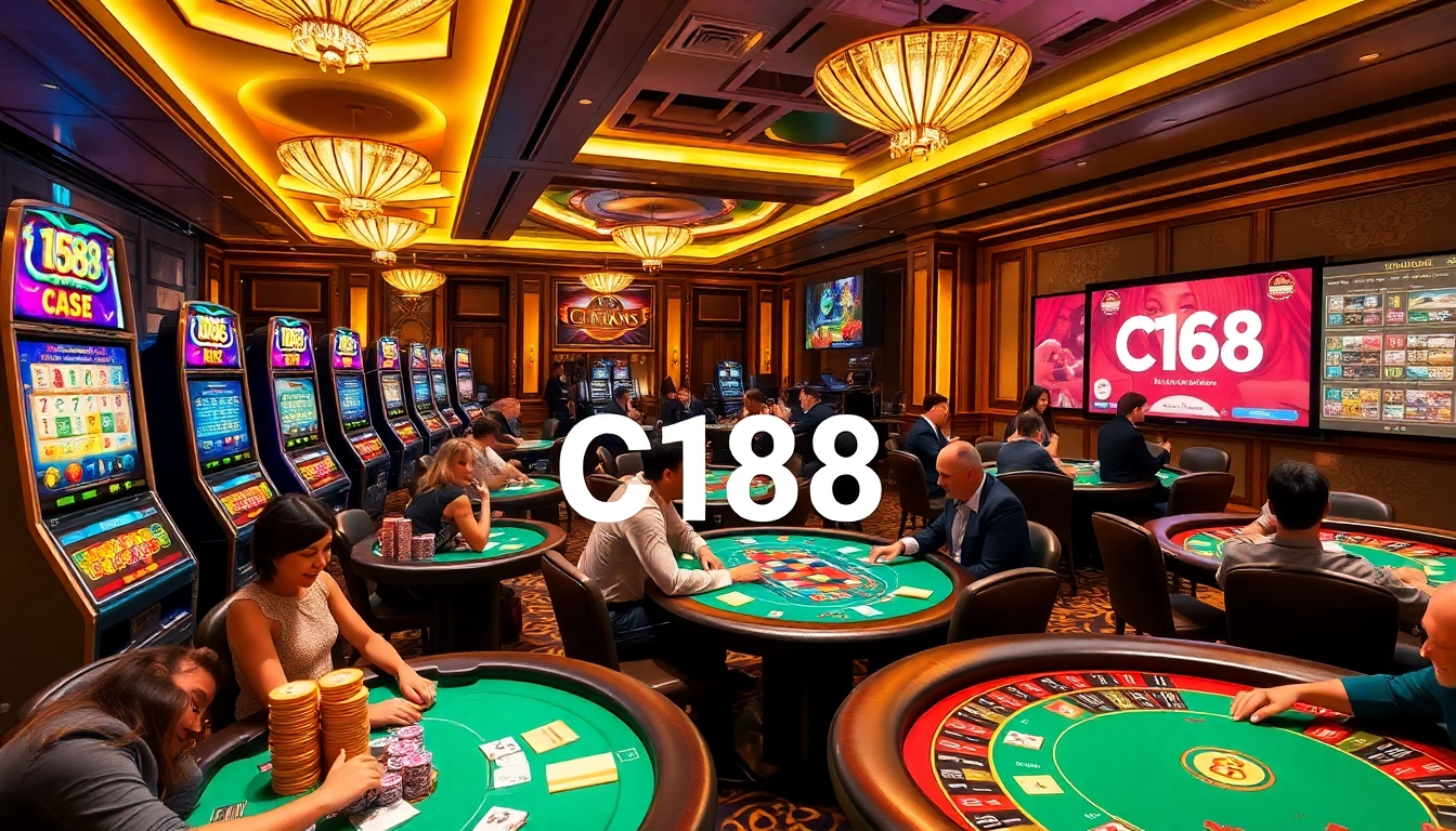 Experience C168's thrill in a glamorous casino setting with players at the poker tables.