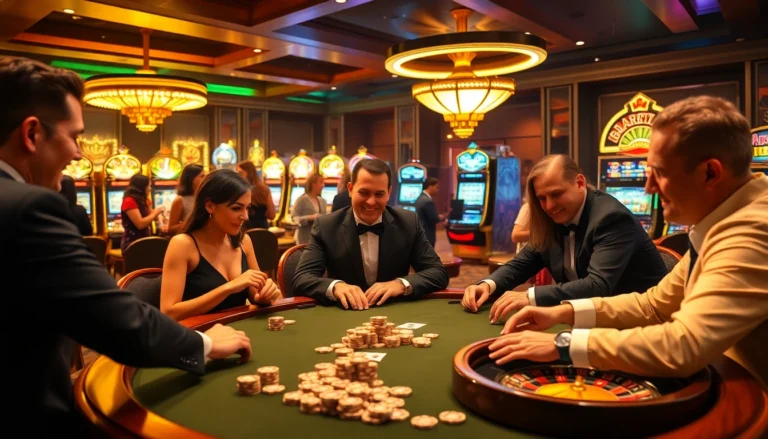 OKFUN poker night in a luxurious casino environment with players, tables, and chips.