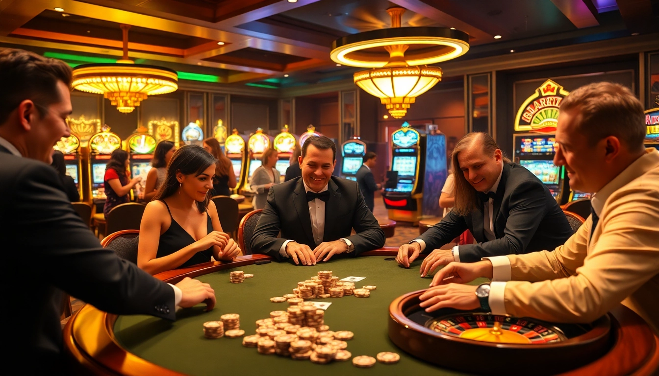 OKFUN poker night in a luxurious casino environment with players, tables, and chips.
