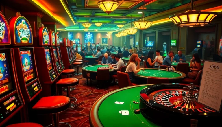 Experience the thrill at the s666 casino, with vibrant slot machines and engaged gamblers at poker tables.