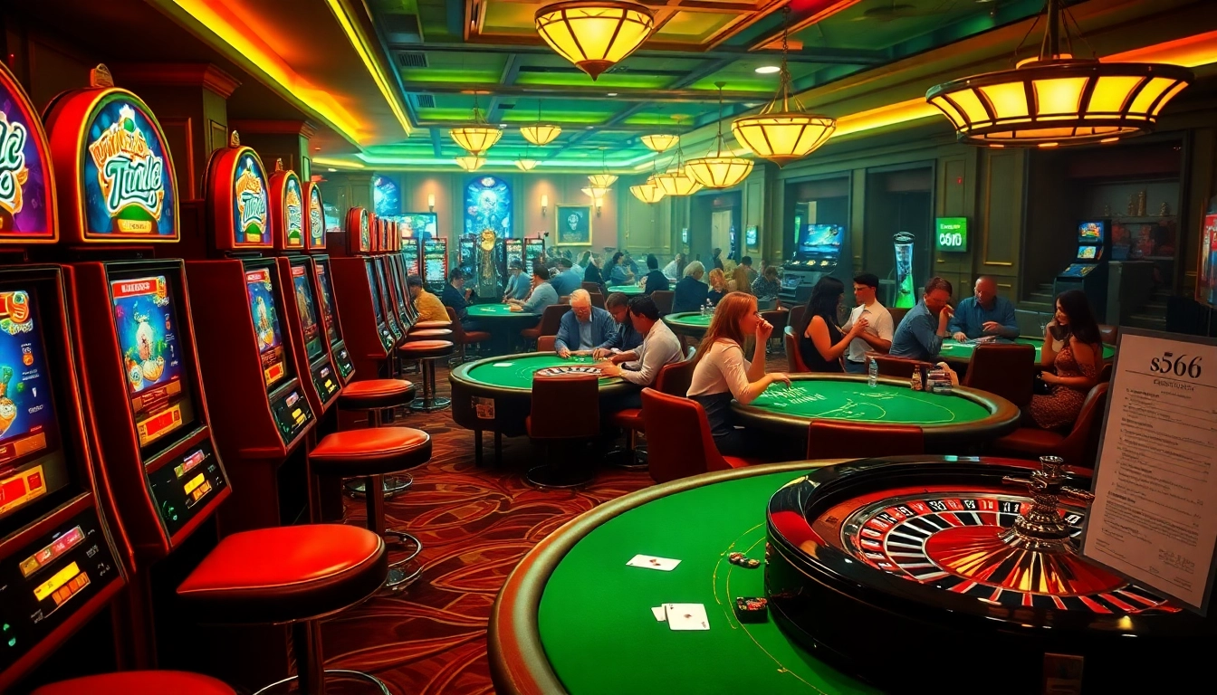 Experience the thrill at the s666 casino, with vibrant slot machines and engaged gamblers at poker tables.