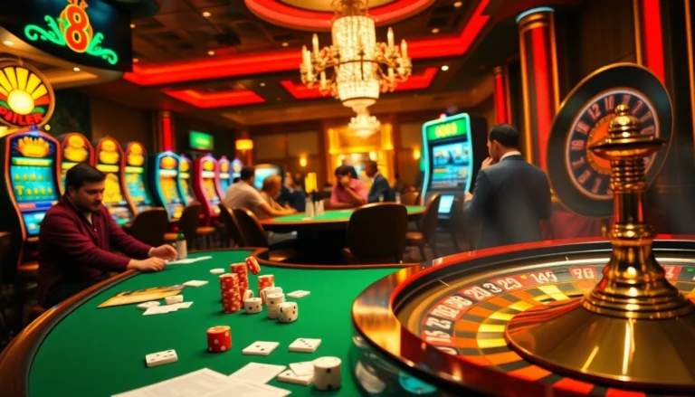 Experience the excitement of go8.company with players engaged at a high-stakes poker table amidst vibrant casino lights.