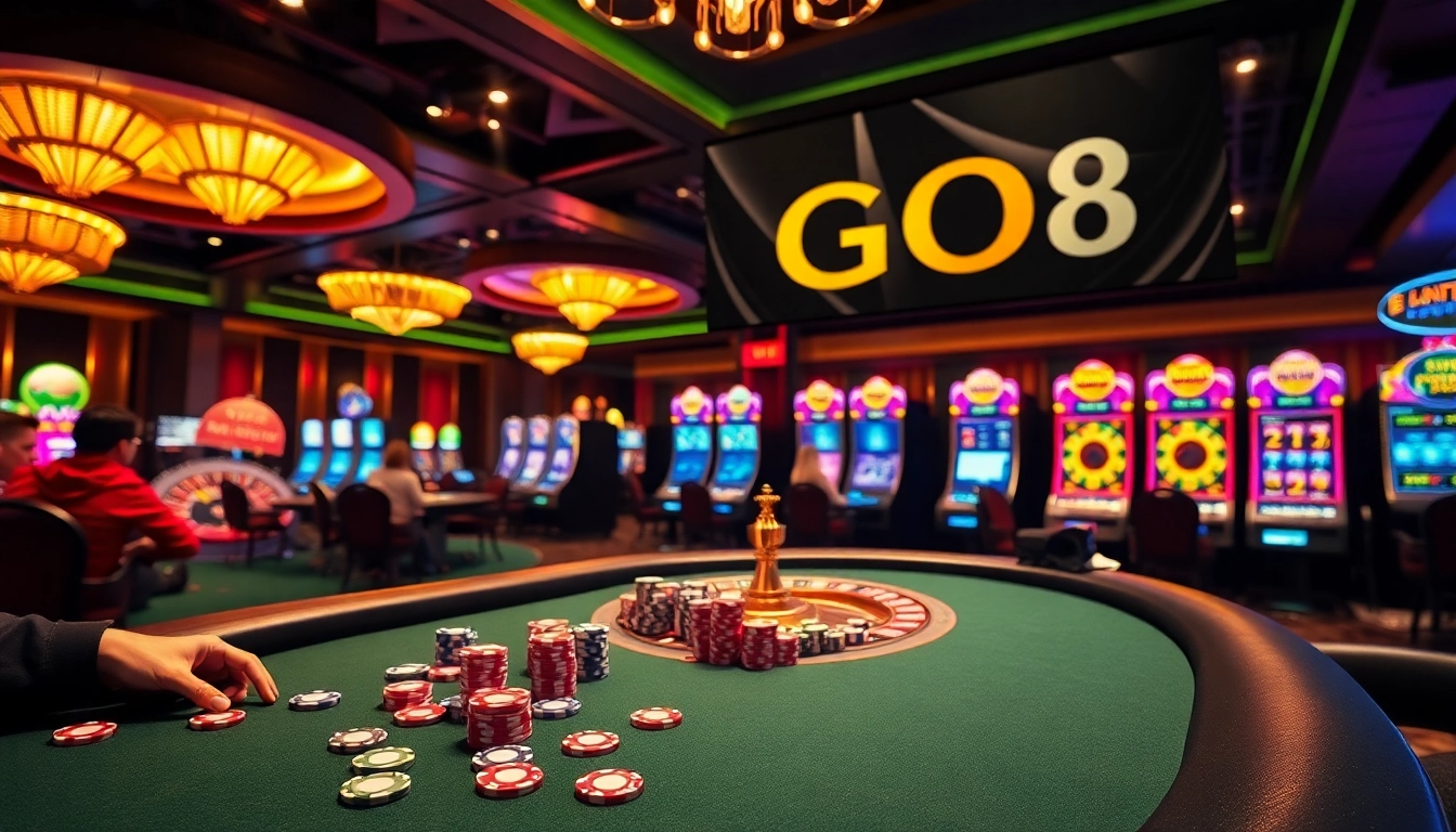 GO8 players strategizing around a high-stakes poker table in an elegant casino.