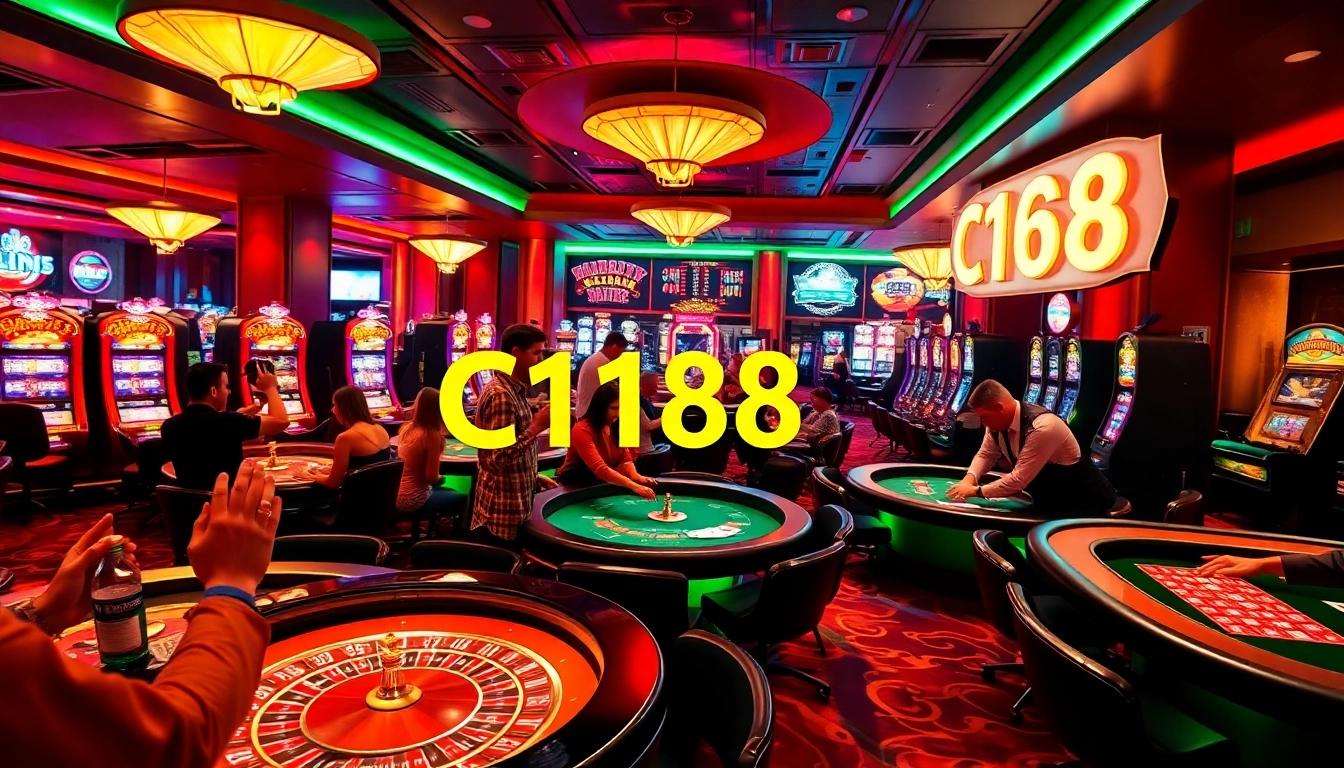 C168 gaming experience with players betting at vibrant casino tables.