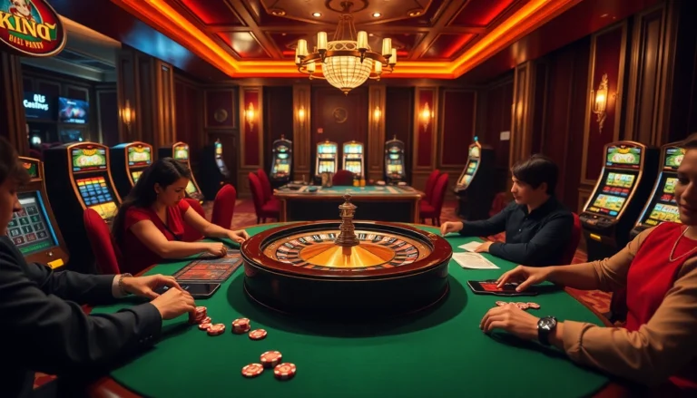 Players enjoying high-stakes roulette at new888's luxurious casino, surrounded by vibrant slot machines.