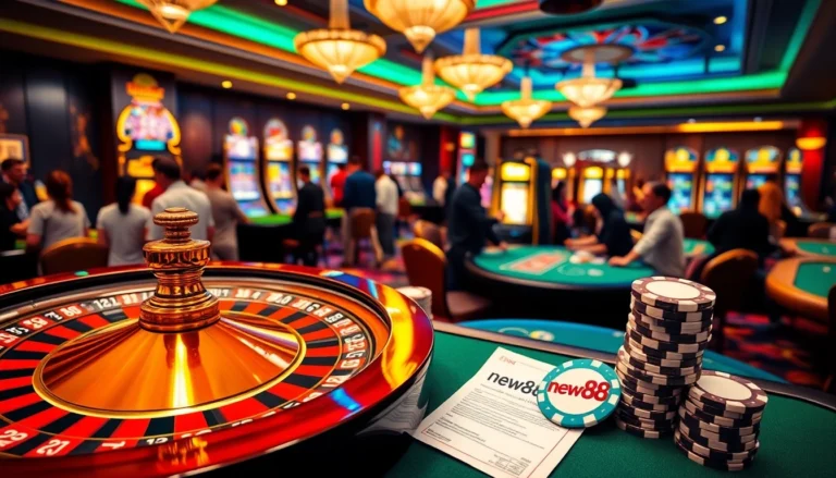 Experience new88's thrilling casino action at a vibrant roulette table surrounded by excited players.