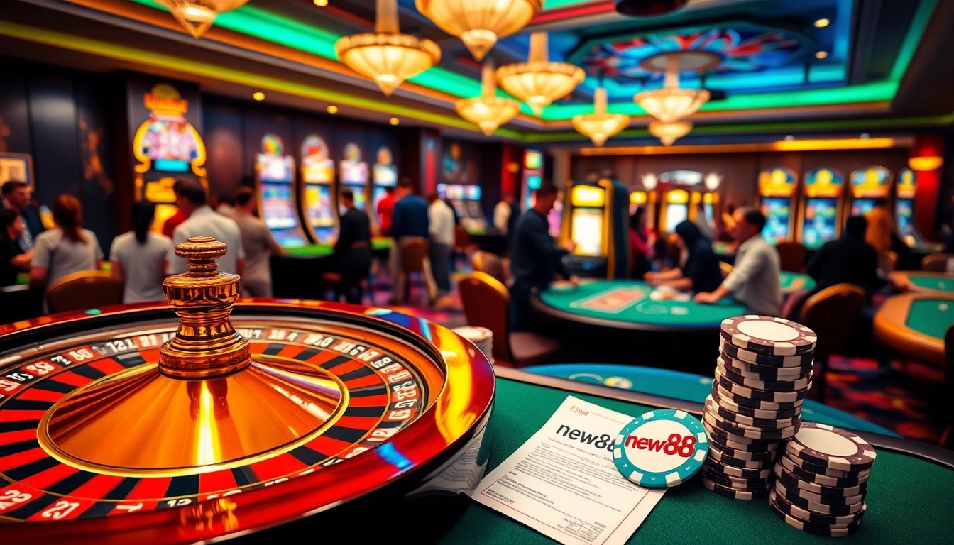 Experience new88's thrilling casino action at a vibrant roulette table surrounded by excited players.
